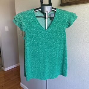 Adrianna Papell Ditsy Floral Flutter Sleeve V Neck Short Sleeve Blouse Emerald L